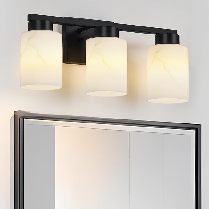 3-Light Bathroom Light Fixtures, Modern Vanity Lights, Black Metal Wall Lamp with Handcrafted Art Glass for Bathroom, Mirror, Living Room, Bedroom, Cabinet, Porch, Hallway, E26 Base