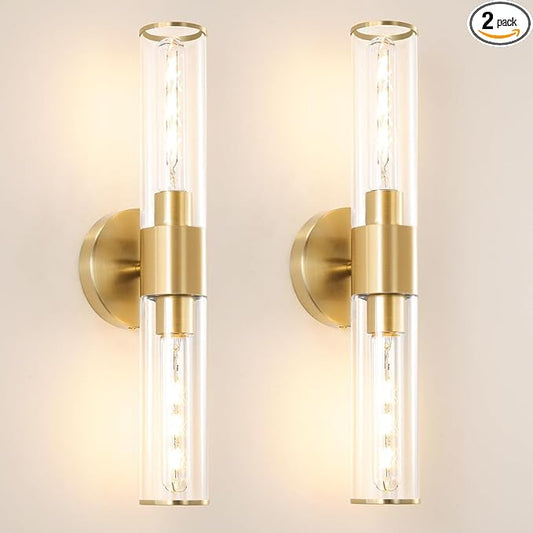 Brushed Gold Wall Sconces Set of 2 (Hardwired Only), Bathroom Vanity Light Fixtures, Modern Cylinder Glass Wall Lights for Mirror 28-40 in Height, NOT Battery Operated, E26 Base (Bulbs Not Included)