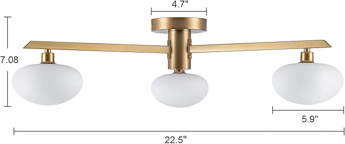 Semi Flush Mount Ceiling Light Fixture, Mid Century Modern 3-Light 22.5" Lighting Fixtures Ceiling Matte Gold Ceiling Lights for Bedroom, Entryway, Hallway, Kitchen lsland, Dining Room & Living Room