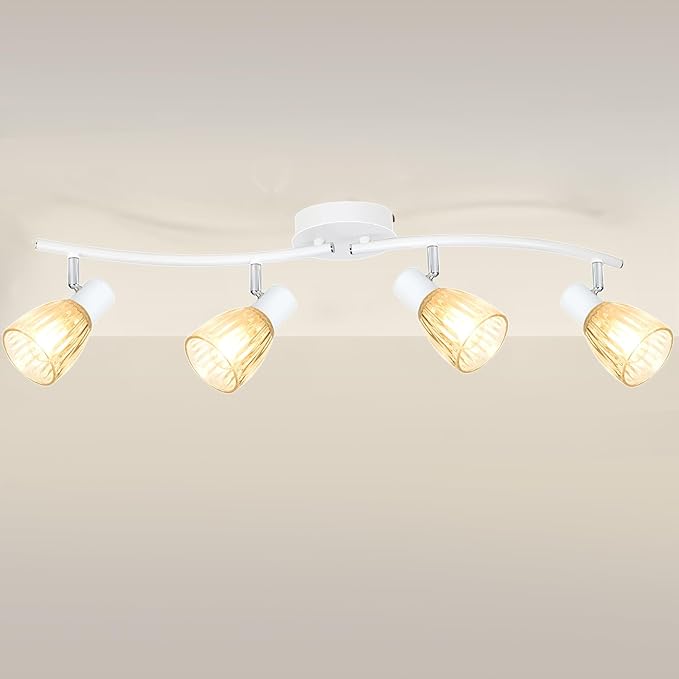 HiBay 4-Light Track Lighting White, Adjustable Modern Ceiling Light Fixture w/Glass Shades, Flush Mount Ceiling Wall Spotlight Indoor for Bathroom, Kitchen, Living Room, E12 Base, No Bulbs