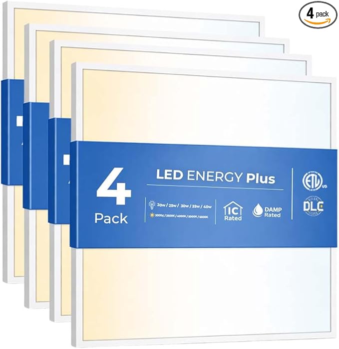 4 Pack 2x2 LED Flat Panel Light for Drop Ceiling, 5200lm Selectable 20W/25W/30W/35W/40W, Color Temperature 3000K/3500K/4000K/5000K/6500K, 0-10V Dimmable, 120-277V, ETL, DLC