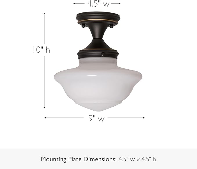 Design House Vintage-Inspired Schoolhouse Semi-Flush Mount Ceiling Light, 9 in x 9 in x 10 in, Oil-Rubbed Bronze, White Glass Shade, 507502
