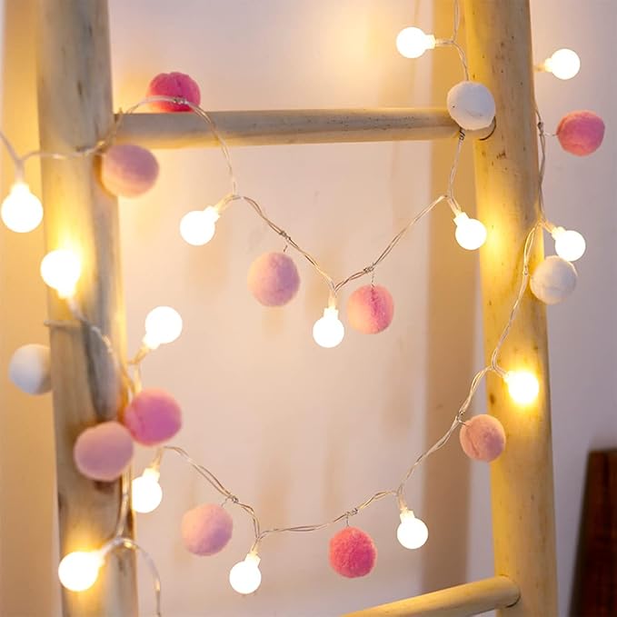 ChiRee Indoor String Lights 6.56 Feet Pom Poms Fairy 20 LED Battery Operated Ball Warm White Globe Colorful Decor for Home Bedroom Kids Playhouse Holiday Christmas