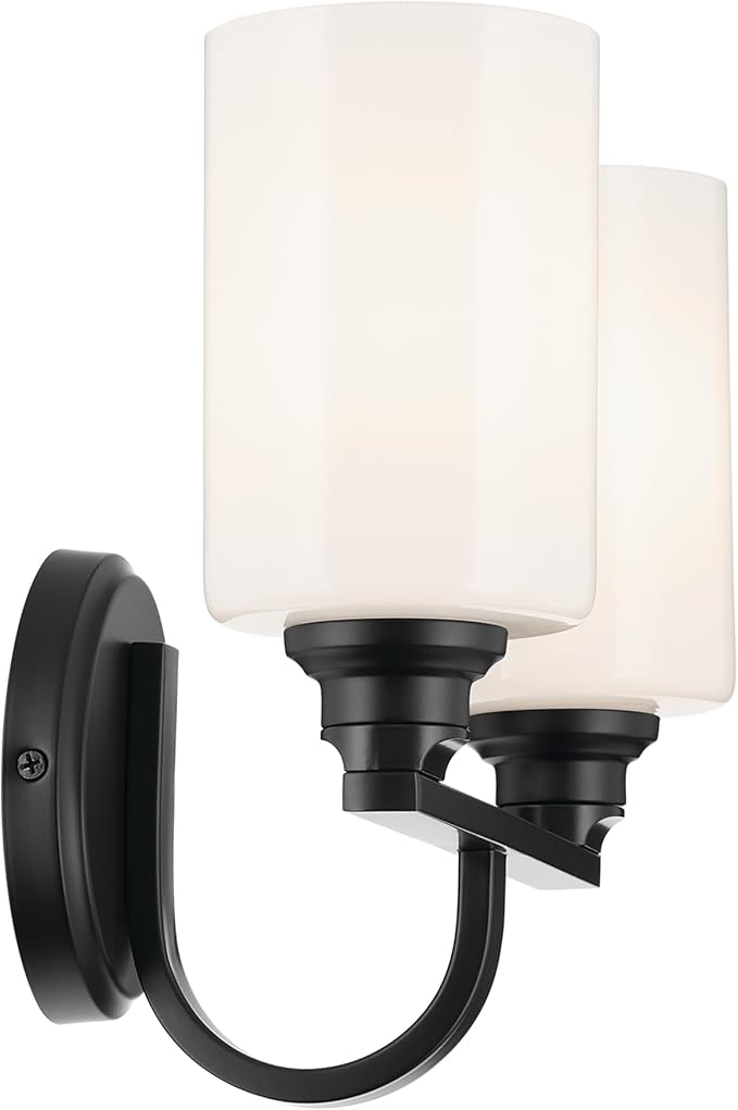 Kichler Gioe 2-Light Bathroom Vanity Light Fixture with Opal Glass, 14.25 in Modern Black Wall Sconce for Mirror, Damp Rated Lighting (14.25 in W x 10.5 in H), 55225BK