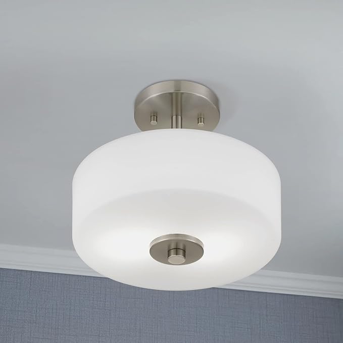 Tawson Abra 2-Light Semi Flush Mount Light with Etched Glass in Drump Shade Brushed Finish for Hallway, Entryway, Passway, Dining Room, Bedroom, Garage, Kitchen Island, Balcony