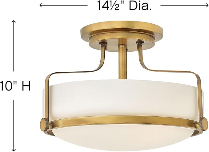 Hinkley Harper Medium Semi-Flush Mount Ceiling Light for Kitchen, Bedroom, Bathroom, and Hallway, Sleek, Retro Style Heritage Brass and Etched Opal Glass