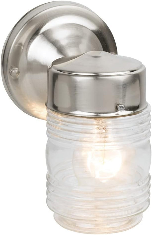 Design House 507806 Jelly Jar Classic 1-Light Indoor/Outdoor Wall Light with Clear Ribbed Glass for Entryway Porch Patio, Satin Nickel