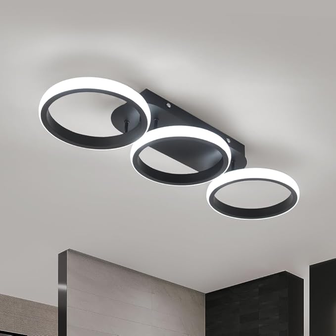 Modern LED Ceiling Light, 3-Round Rings Flush Mount, 30W 6000K Cool White, Bedroom Living Room Kitchen Office Lighting