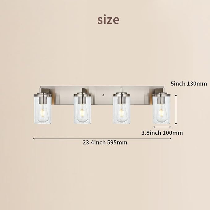 BONLICHT 4-Light Bathroom Light Fixtures Brushed Nickel Wall Sconce Lighting Modern Vanity Lights with Seeded Glass, Industrial Bathroom Farmhouse Wall Lamp for Mirror Kitchen Bedroom Living Room