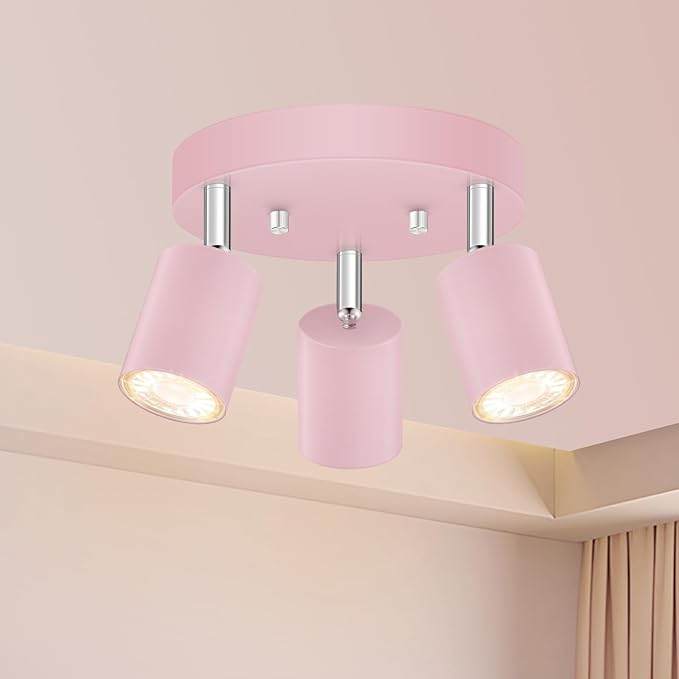 3 Light Track Lighting Fixtures Ceiling, Pink Round Directional Spotlight Fixtures, GU10 Flush Mount Ceiling Fixture, Adjustable Modern LED Track Light for Girl's Room, Bulb Not Included