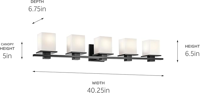 Kichler Tully 5-Light Bathroom Vanity Light Fixture with Satin Etched Cased Opal Glass in Black for Over Mirror, Soft Modern Style Lighting (40.25" x 6.5" x 7"), 45193BK