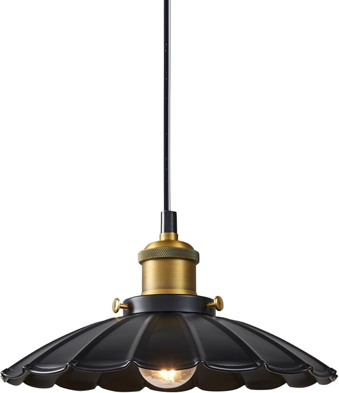Black Pendant Light, 9.8 Inch Retro Hanging Lamp for Bedroom, Glossy Hanging Kitchen Lights Living Room 6.5Ft Height Adjustable Indoor Pleated Pendant Light