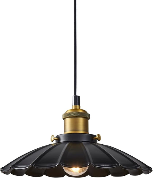 Black Pendant Light, 9.8 Inch Retro Hanging Lamp for Bedroom, Glossy Hanging Kitchen Lights Living Room 6.5Ft Height Adjustable Indoor Pleated Pendant Light