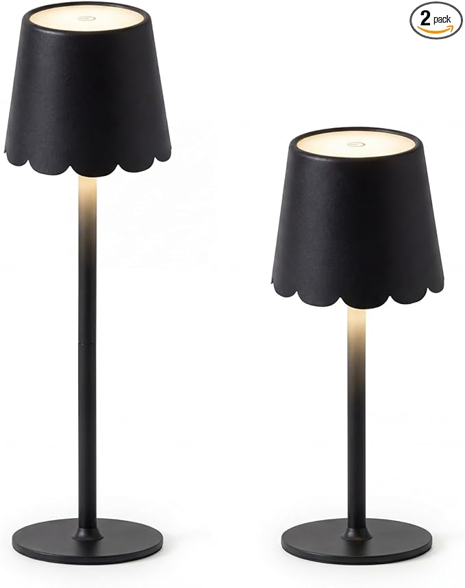 Pickmesh 2 Pack Scalloped Touch Cordless Table Lamp Rechargeable 4000mAh Battery 3 Color Stepless Dimmable Portable LED Desk Light for Mahjong Gift Bedroom Wedding Bars Outdoor Party Home Décor(Black)
