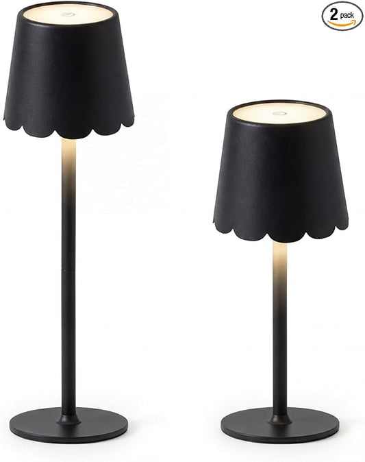 Pickmesh 2 Pack Scalloped Touch Cordless Table Lamp Rechargeable 4000mAh Battery 3 Color Stepless Dimmable Portable LED Desk Light for Mahjong Gift Bedroom Wedding Bars Outdoor Party Home Décor(Black)