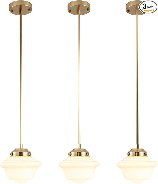 Schoolhouse Pendant Light Set of 3, 8" Brass Gold Pendant Lights with Milk Glass Shade, Farmhouse Ceiling Light Fixtures for Kitchen Dinning Room Living Room Bedroom Hallway