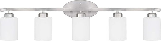 HomePlace Lighting 115251BN-338 Dixon Modern Soft White Glass Bathroom Vanity Wall Light, 5-Light 500 Total Watts, 9" H x 37" W, Brushed Nickel