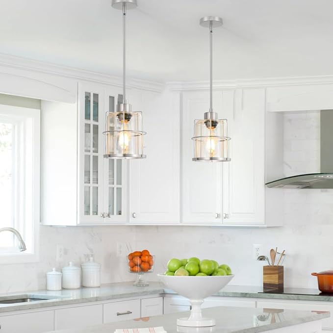 Modern Brushed Nickel Pendant Light Set of 2, Kitchen Island Pendant Light with Cylinder Clear Glass, Farmhouse Adjustable Hanging Light for Kitchen Island Dining Room Hallway