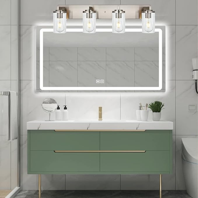 BONLICHT 4-Light Bathroom Light Fixtures Brushed Nickel Wall Sconce Lighting Modern Vanity Lights with Seeded Glass, Industrial Bathroom Farmhouse Wall Lamp for Mirror Kitchen Bedroom Living Room