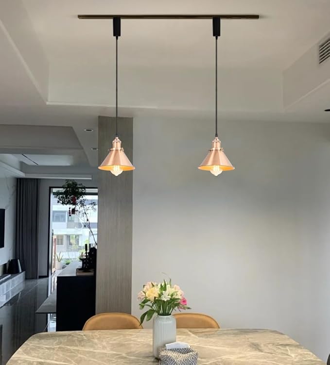 1x Plug in Cable Track Rail, 2X Adjustable Cord Red Copper Track Lighting Fixtures E26 Base H-Type Vintage Design for Kitchen Loft(No Bulb)
