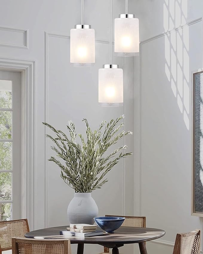 3 Pack Brushed Nickel Pendant Lights, Indoor Kitchen Island Hanging Light Fixtures Adjustable Modern Lamps, Mini Pendant Lights with Linen Frosted Glass Shade for House Living Room Hallway
