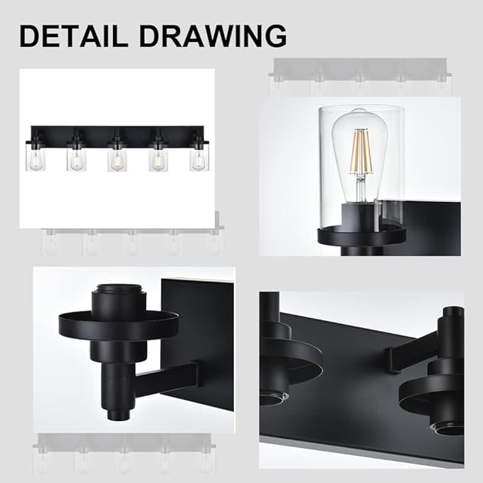Black Modern Vanity Light for Bathroom,5-Light Bathroom Lighting Fixtures Over Mirror with Clear Glass Shade Wall Mount Light Fixture, E26 Metal Wall Lights for Hallway Kitchen Living Room