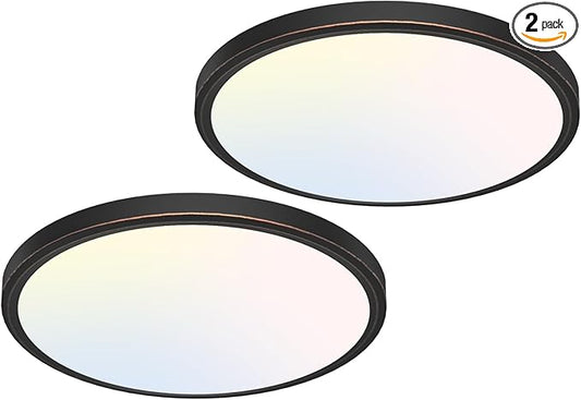 libtit 12 inch Flush Mount LED Ceiling Light Fixture, 3000K 4000K 6500K Adjustable, 28W 3200lm Oil Rubbed Bronze Round Lighting Fixtures for Bathroom Shower Hallway Kitchen, 2 Pack