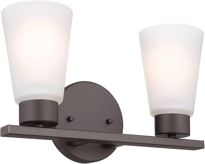 Kichler Stamos 2-Light Bathroom Vanity Light with Satch Etched Glass Shades, 13" Modern Wall Light in Olde Bronze®, (13" x 8" x 5")
