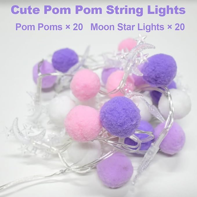 ChiRee Indoor String Lights 6.56 Feet Pom Poms Moon Lights 20 LED Battery Operated String Fairy Lights Warm White Globe Lights Colorful Decor Lights for Home Bedroom Kids Playhouse Holiday Christmas