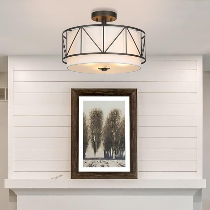 XiNBEi Lighting 16 inch Semi Flush Mount Ceiling Light Fixture with Metal Cage, Modern Drum Light Fixture for Bedroom Kitchen Ceiling Light Fixture for Dining Room XB-SF330-DB