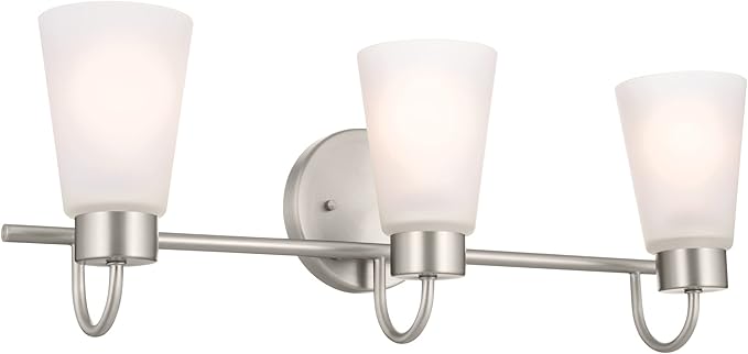 Kichler Erma 3-Light Bathroom Vanity Light Fixture with Satin Etched Glass Shades, Updated Traditional Wall Lighting in Brushed Nickel for Mirror, (23" x 8.5" x 6"), 55126NI