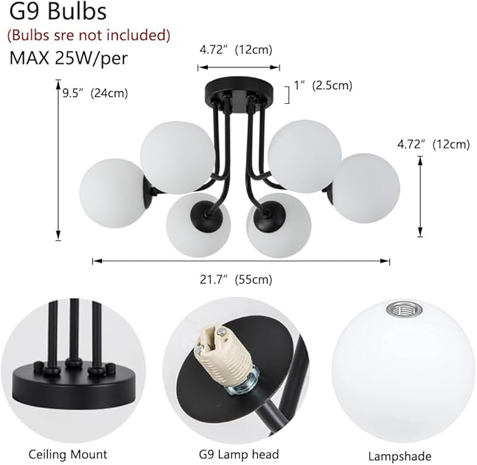 Modern Semi Flush Mount Ceiling Light,Black White Glass Shade Semi Ceiling Light 6-Light,Sputnik Chandeliers for Bedroom Living Room Hallway Dining Room Lighting Fixture