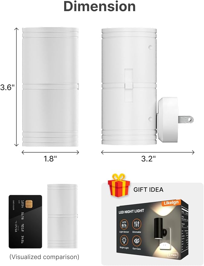 Likelgn Night Light Plug into Wall, 4 Pack Dimmable LED Nightlight with Dusk to Dawn Sensor, Soft White Glow, for Hallway, Bathroom, Bedroom, White