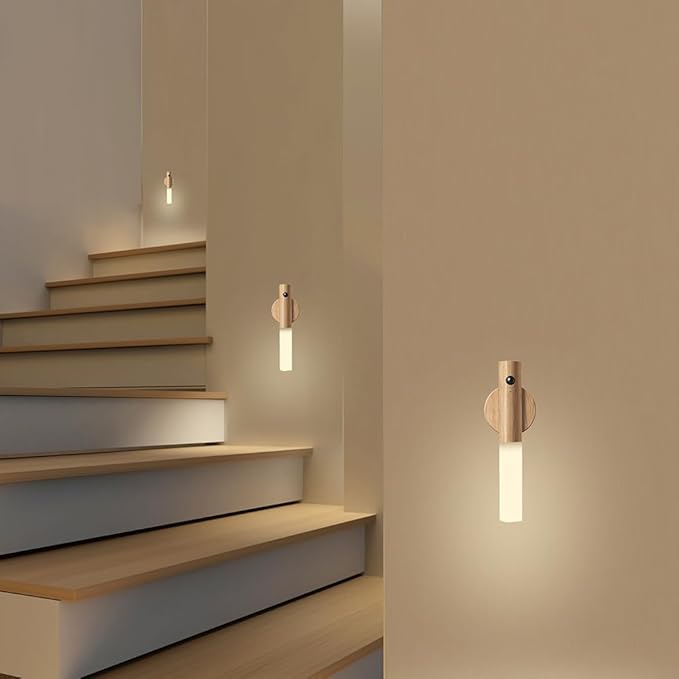 LANDGOO Wooden Motion Sensor Night Lights Magnet Body Sensor Hallway Night Lights Rechargeable Led Light Portable Stairway,Wall Sconce Battery Powered Cabinet Lights