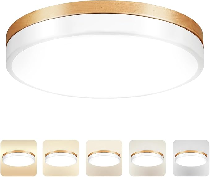 15.8 inch Dimmable Wood LED Flush Mount Ceiling Light Fixture,36W 3600LM,3000K/3500K/4000K/5000K/6000K CCT Selectable,Close to Ceiling Round Flat Panel Light for Bedroom,Hallway,Kitchen