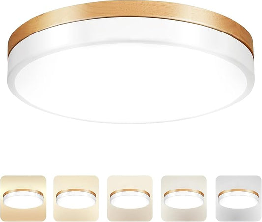 11.8 inch Wood Led Flush Mount Ceiling Light, Dimmable, 5CCT 3000K-6000K Selectable, 36W, 3600LM, Round Modern White Light Fixture Ceiling Mount for Bedroom, Laundry Room,Kitchen, Hallway, White