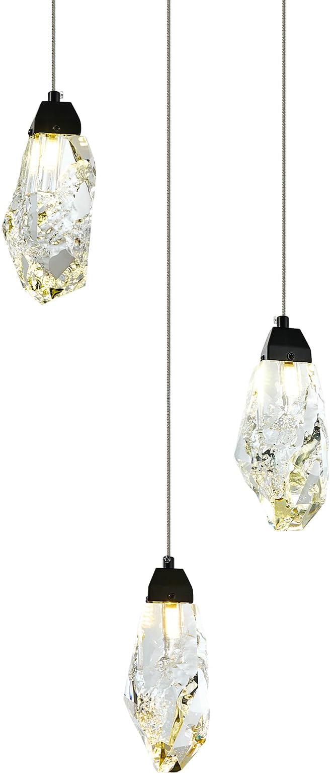 3 Lights Crystal Pendant Light Modern Cluster Chandelier Dimmable Pendant Light Fixture with Black Teardrop Design Stylish Lighting for Kitchen Island, Dining Room, Hallway, Bathroom
