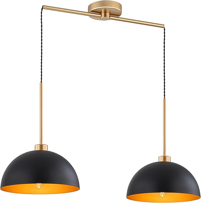 Farmhouse Pendant Lights Kitchen Island, 2 Light Black and Gold Dome Pendant Light, Industrial Modern Kitchen Island Lighting for Dining Room, Restaurant, Cafe, Bar