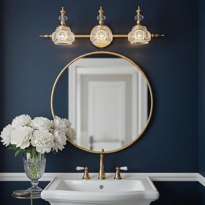 Bathroom Vanity Light Fixtures, Farmhouse Vintage Wall Sconce Lighting with Glass Shade, Bath Vintage Wall Mounted Lamps for Mirror (3 Lights,Gold,G9 Base)