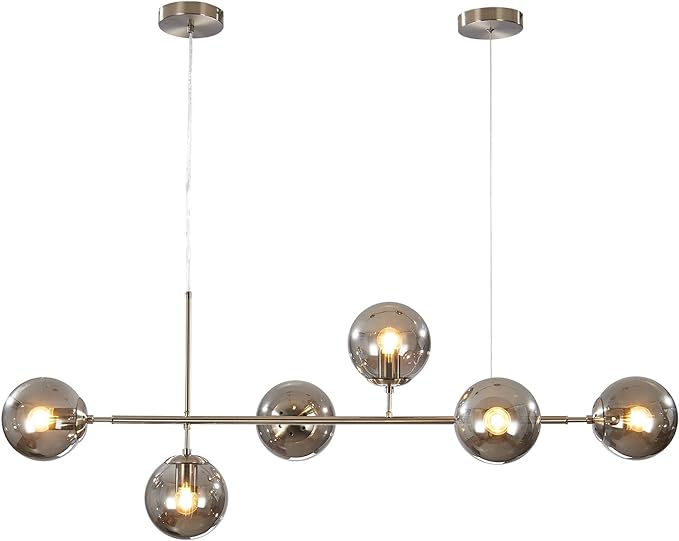 KCO Modern 6-Light Ceiling Pendant Lighting Mid-Century Glass Globes Sputnik Pendant Lamp Hanging Adjustable Chandelier for Kitchen Island Living Dining Room (Silver+Smoke Grey)