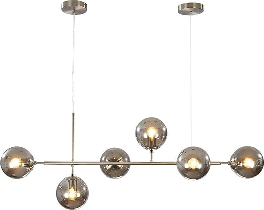 KCO Modern 6-Light Ceiling Pendant Lighting Mid-Century Glass Globes Sputnik Pendant Lamp Hanging Adjustable Chandelier for Kitchen Island Living Dining Room (Silver+Smoke Grey)