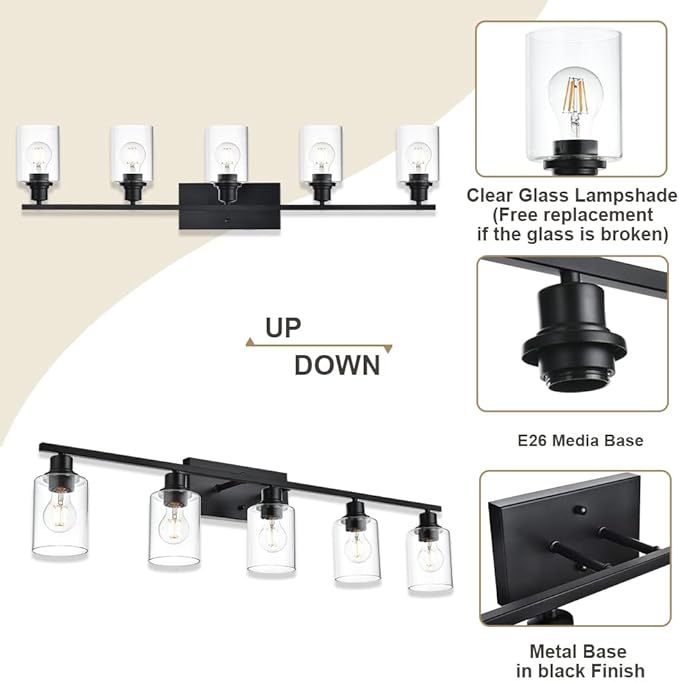 VINLUZ Bathroom Lighting Fixtures Over Mirror Matte Black,5-Lights Farmhouse Vanity Lights Wall Mount Light Fixture for Porch Workshop