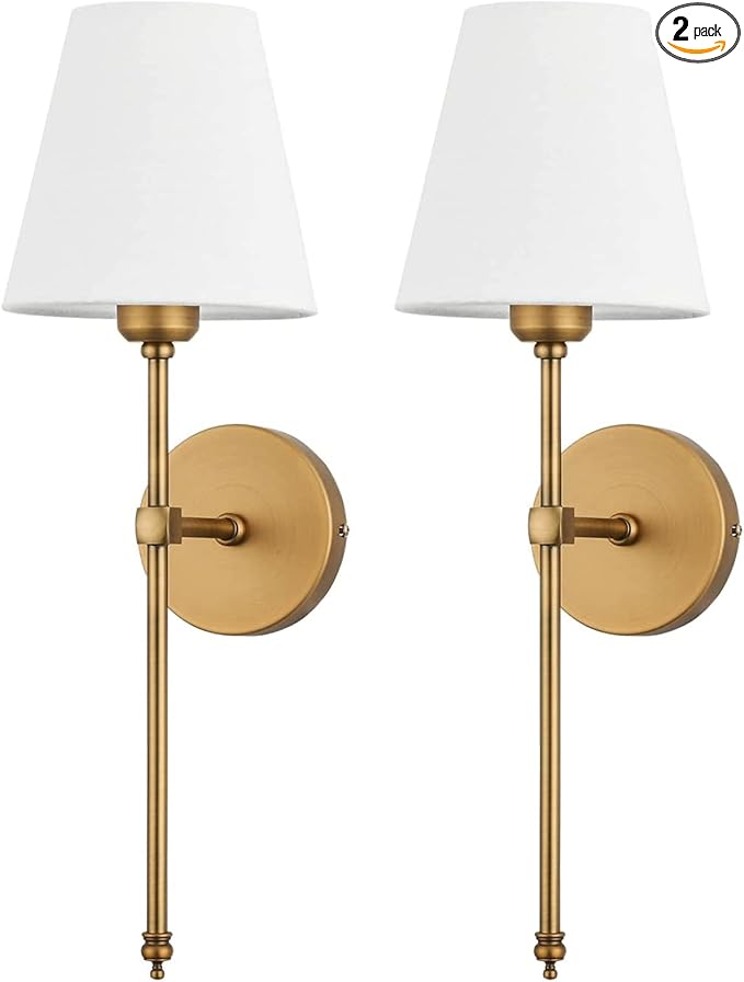 Bsmathom Wall Sconces Sets of 2, Hardwired Classic Brushed Brass Sconces Wall Lighting, Bathroom Vanity Light Fixture with Fabric Shade for Bedroom Living Room Hallway Kitchen, Gold