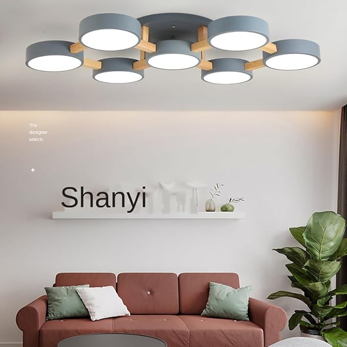 LED Ceiling Light Fixture,40 Inch 7-Lights Modern Ceiling Lights Flush Mount Wooden 84W Chandelier for Living Room Bedroom Kitchen,Dimmable 3000K/4000K/6000K Temperatures Selectable, Grey