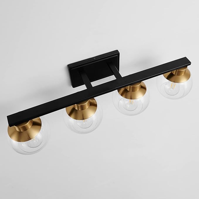 PAZALA Black Gold Bathroom Light Fixtures Over Mirror 4-Lights Vanity Light Wall Sconce with Globe Glass Shade, E26 Base, Perfect for Hallway Picture Wall Lighting Bathroom Bedroom Mirror Living Room