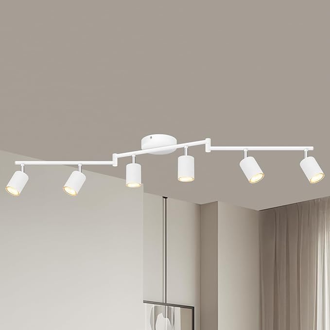 Track Lighting Kit LED, Track Lighting Fixtures Ceiling, 44.3" White 6 Light Ceiling Light for Kitchen, Flexible Spotlight with Rotatable Head, Industrial Wall Light for Hallway(GU10 Socket, NO Bulb)