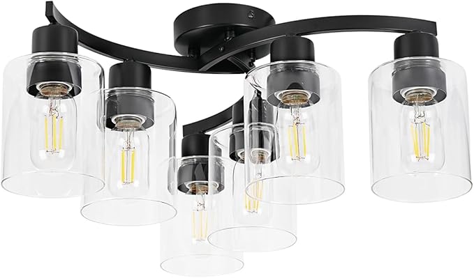WILON 20'' 6-Light Large Black Semi Flush Mount Ceiling Light Fixture with Clear Glass Shades, Modern Farmhouse Chandelier for Dining Room Living Kitchen