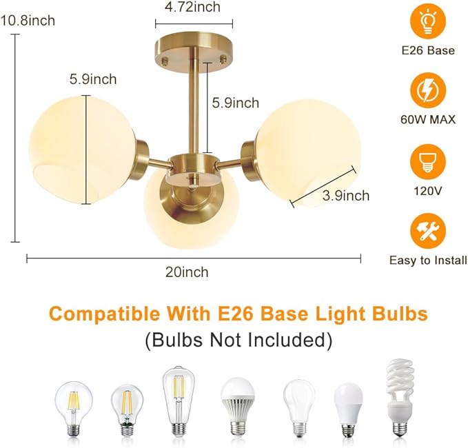 Gold Sputnik Semi Flush Mount Ceiling Light 3 Light Frosted Globe Glass Chandeliers Mid Century Close to Ceiling Light Fixture for Bedroom Living Room Entryway Hallway
