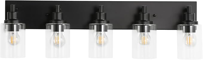 LOUSACE 5 Light Bathroom Vanity Light, Matte Black Bathroom Light Fixtures Over Mirror, Modern Bathroom Lighting with Clear Glass Shade, Black Farmhouse Wall Sconces Lighting Fixture for Bedroom