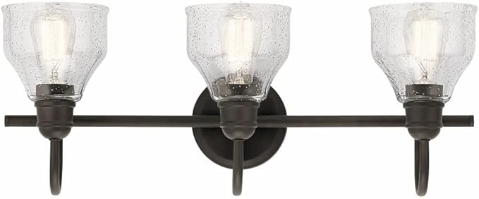 Kichler Avery 3-Light Bathroom Vanity Light Fixture with Clear Seeded Glass, Industrial Farmhouse Style in Natural Brass for Damp Locations (24" x 9.25"), 45973NBR